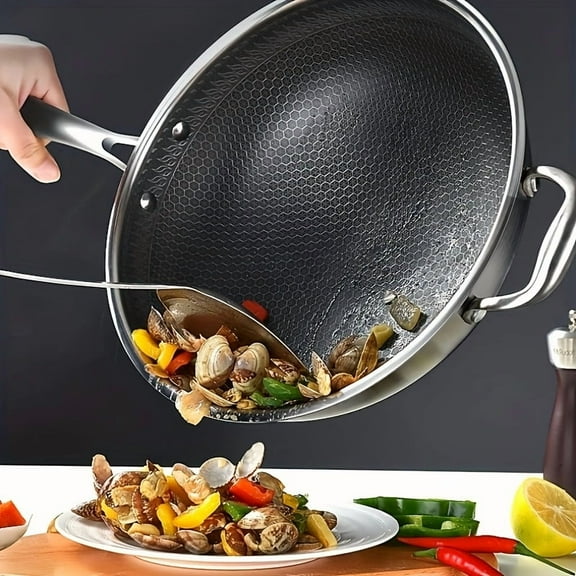 13.3Inch Stainless Steel Non-stick Wok With Lid And 2pcs Cookware Accessories, Design, Home Cooking Pan, Induction Cooker, Electric Ceramic Stove And Kitchenware