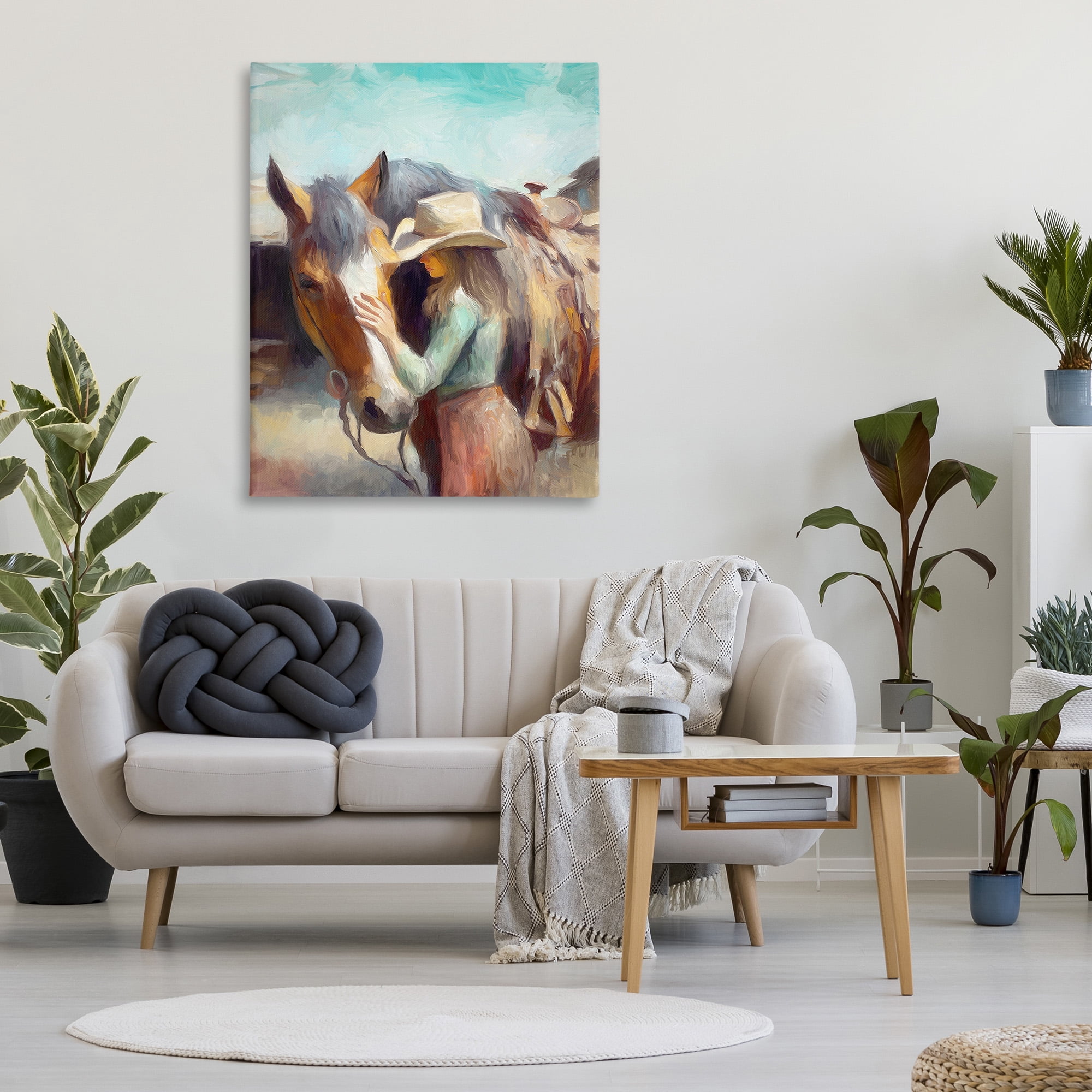 Stupell Industries Cowgirl Petting Horse Animals & Insects Painting Gallery Wrapped Canvas Art Print Wall Art, 36 x 48