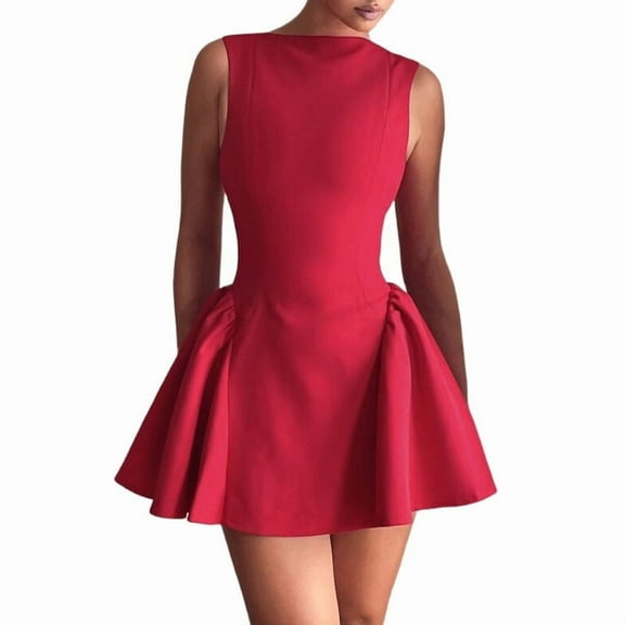 Women'S Summer Sleeveless Crew Neck Backless A-Line Mini Party Prom Dress Red S