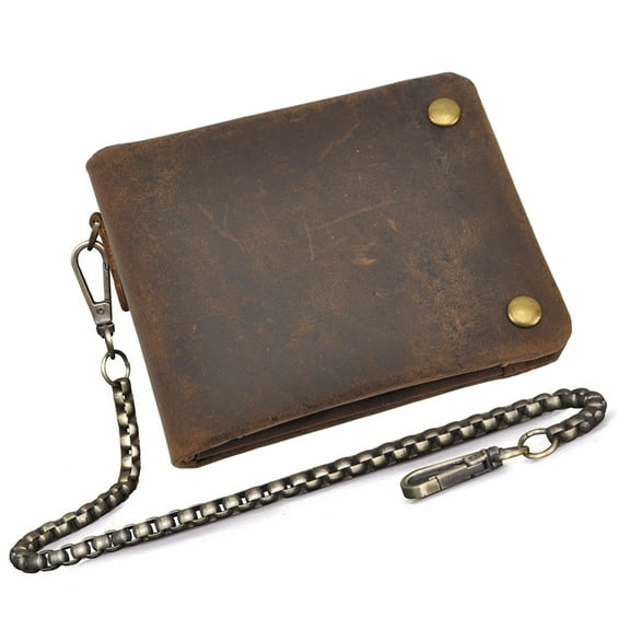 Le'aokuu Genuine Leather Bifold Horizontal Standard Snap Removable Iron Chain Cash Holder Card Case Wallet Purse 1003