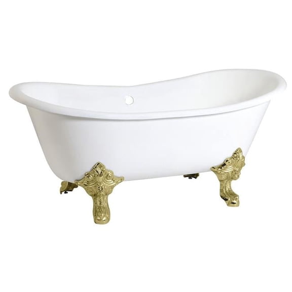 Traditional 67 in. Cast Iron Double Slipper Clawfoot Tub with Feet No Drillings - White & Polished Brass