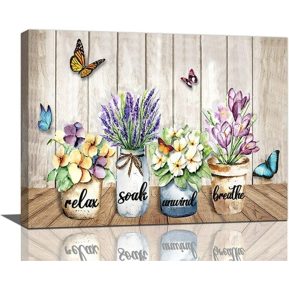 Bathroom Decor Wall Art Country Farmhouse Flower Butterfly Canvas Prints Painting Lavender Relax Soak Unwind Pictures Framed Artwork Office Home Decor for Bathroom Bedroom Dining Living Room 16"x12"