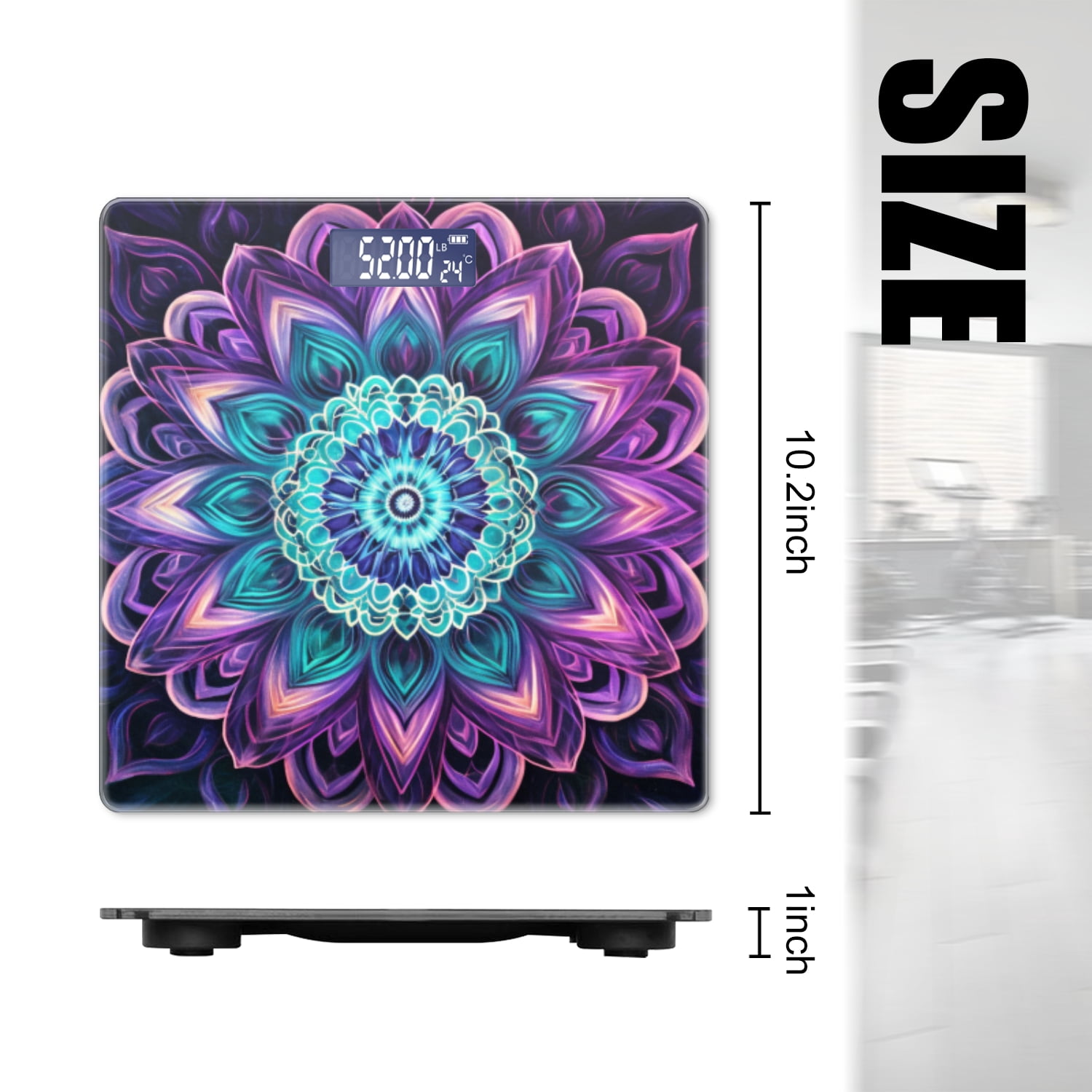 High Precision Body Weight Scale Smart Bathroom Scales with Large LCD Display(400lbs),Decorative for Bedroom-Beautiful Mandala Glowing With Vibrant Colors Of Purple And Teal