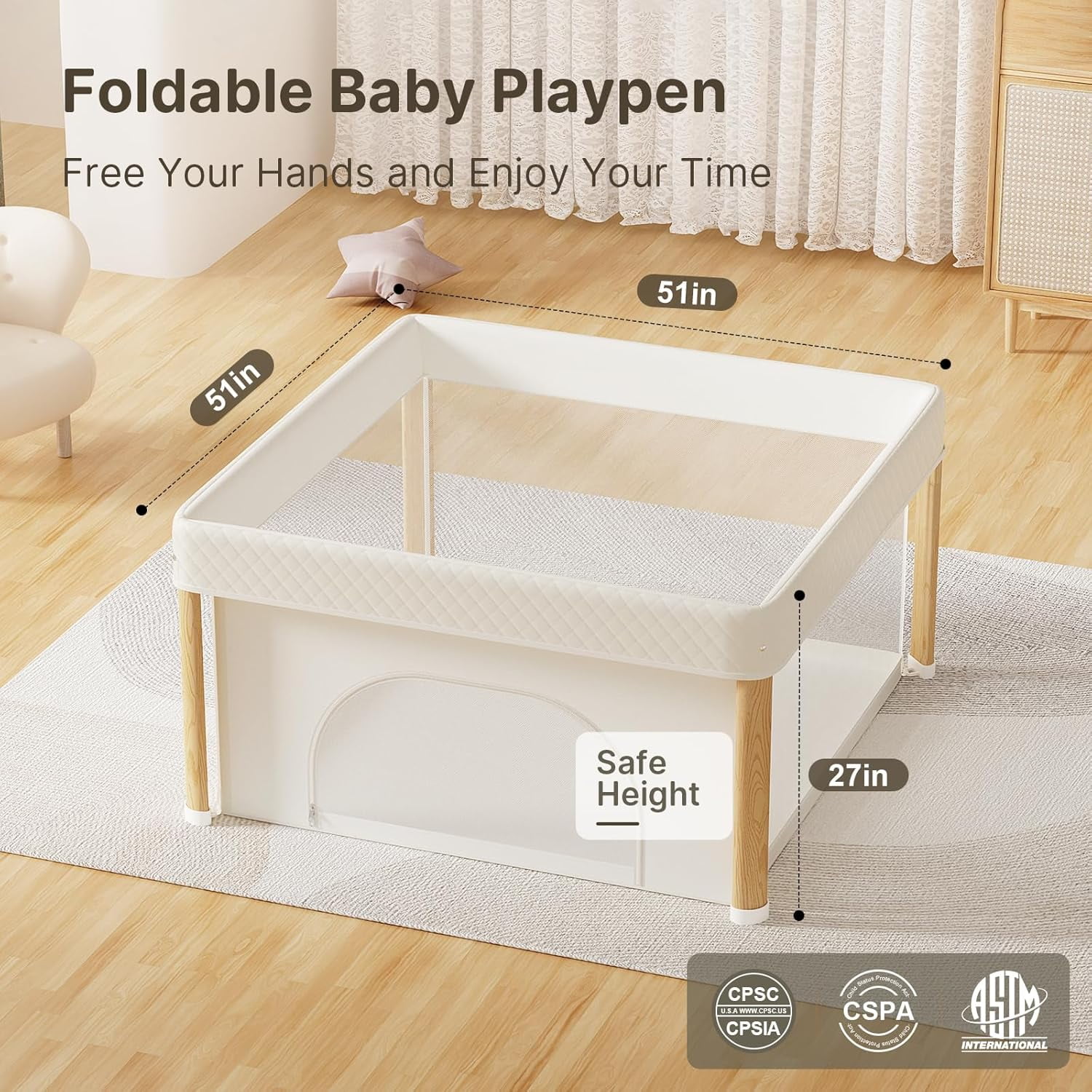PRVAETU 51"x51" Foldable Play Pen for Babies and Toddlers, One Step Portable Indoor Outdoor Play Yard with Storage Bag, Khaki