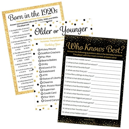Born in The 1920s Birthday Party Games - Black and Gold Three Party Games - 95th or 100th Birthday - 20 Game Cards - Distinctivs