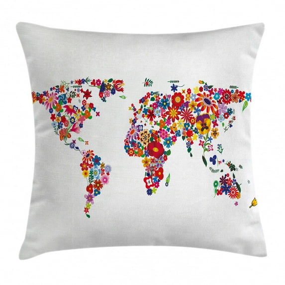 Hippie Throw Pillow Cushion Cover, World Map with Bunch of Flower Petals Essence Fragrance Garden Growth Atlas Image, Decorative Square Accent Pillow Case, 18 X 18 Inches, Multicolor, by Ambesonne