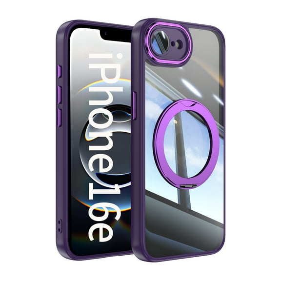 Compatible for iPhone 16e Phone Case with Stand, Rotatable Ring Holder Kickstand Rugged Shockproof Protective Cover Case with Camera Lens Protector for iPhone 16e, Darkpurple