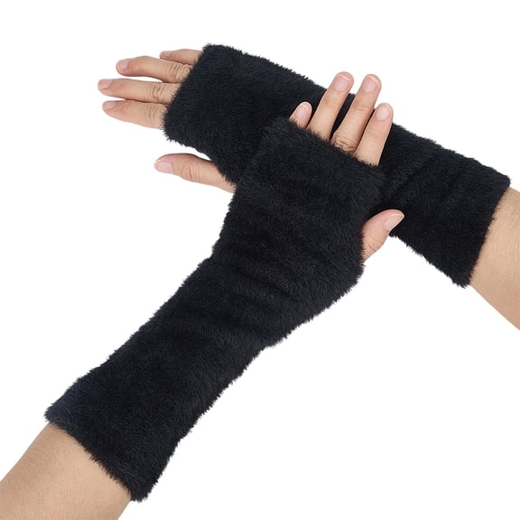 1 Pair Black Furry Fingerless Gloves Fur Arm Warmers Sleeve with Thumb Hole Fluffy Winter Long Soft Half Finger Warm Hand Wrist Mittens Bulk