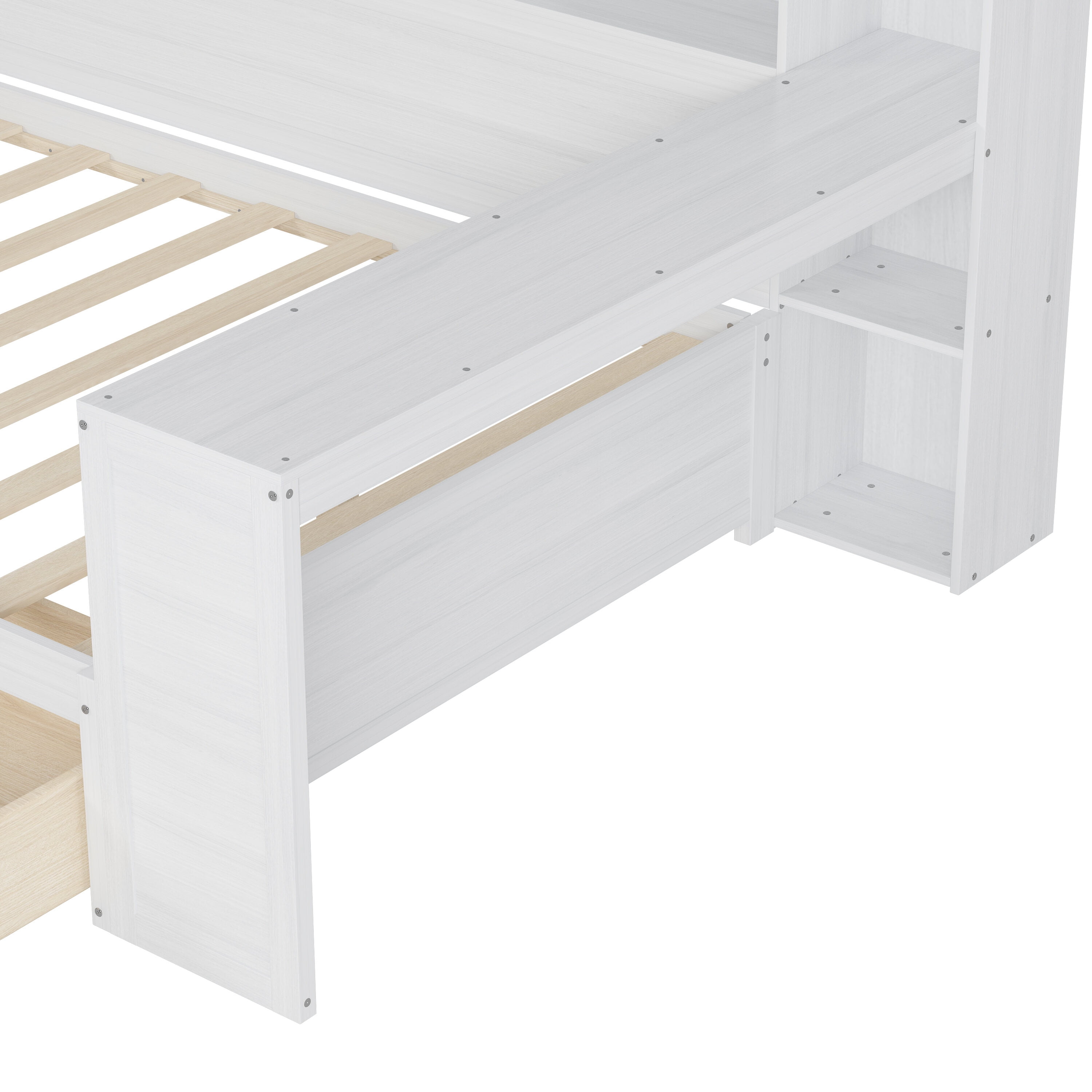 Twin Size Adjustable Bed Base, Wooden Twin Size Daybed with Storage Shelves, Multi-functional Bed with Two Storage Drawers and Study Desk, Antique White (Old SKU: HL000189AAK), Bed Frames