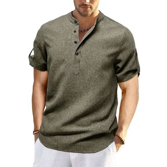 Dvprdro Summer Men's Tops Solid Casual Short Sleeve Shirts Button V Neck Athletic Tunic Blouse Tops Army Green S