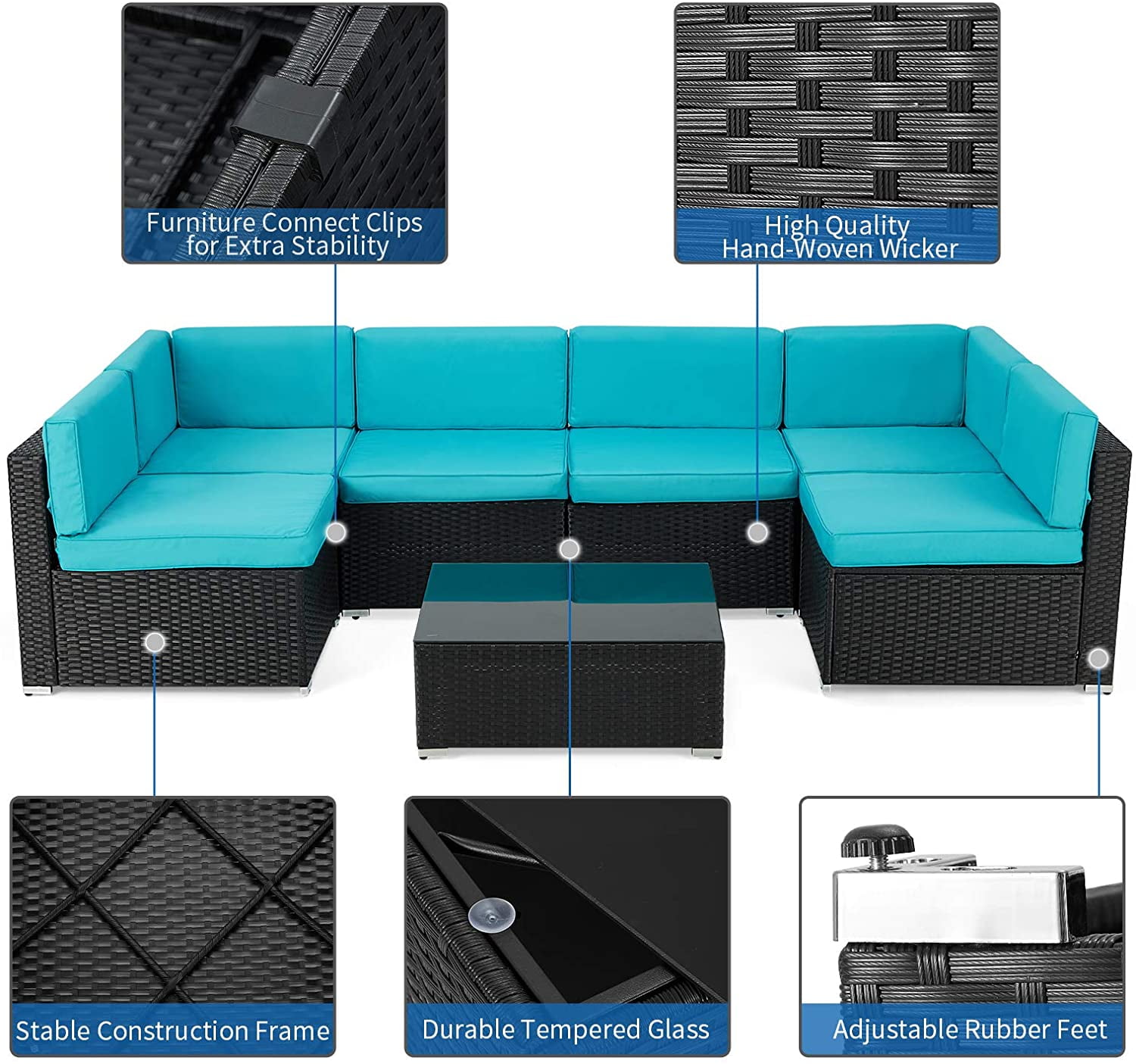 Danrelax 7 Pc Outdoor Patio Sectional Set, Blue and Black Steel with Cushions