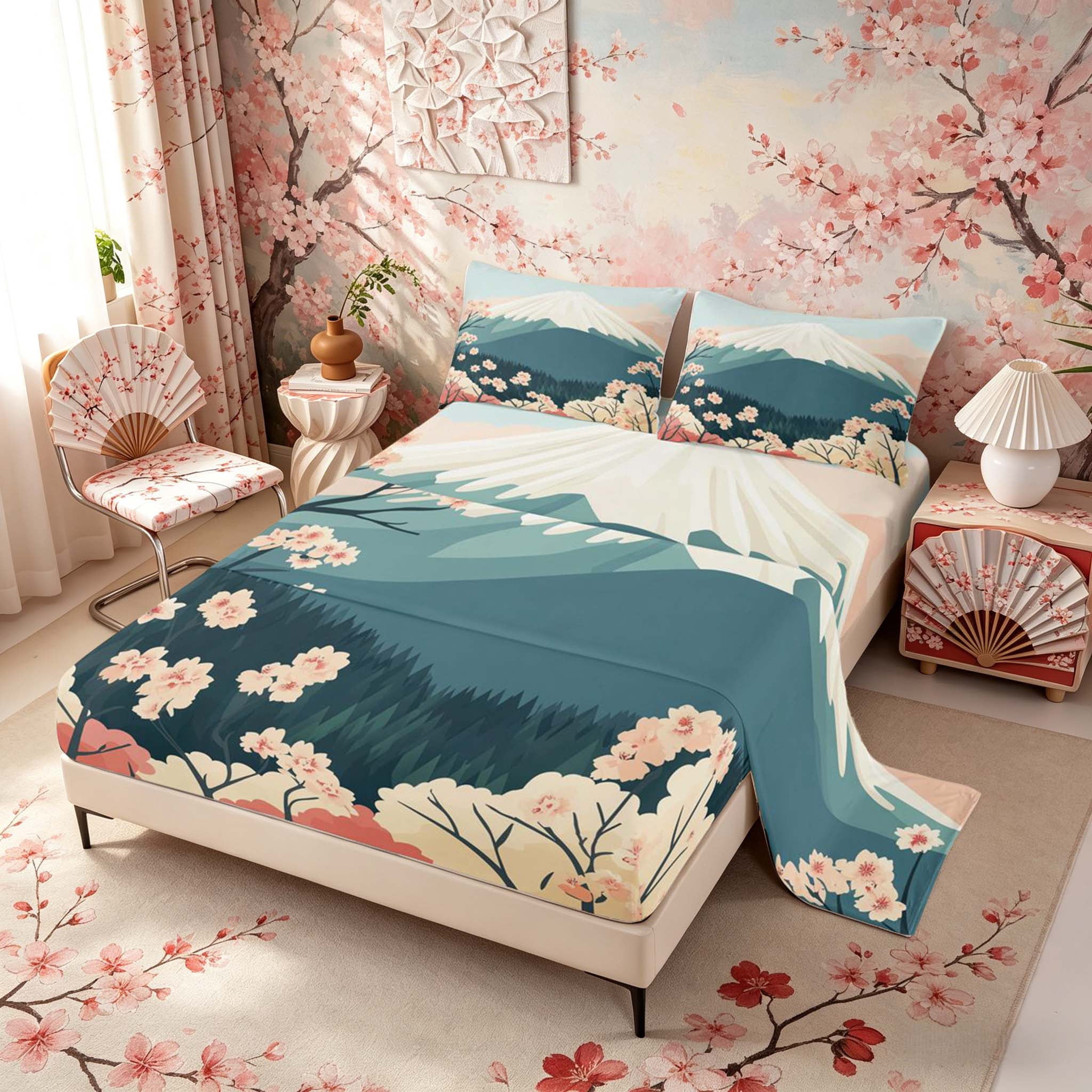 Manfei Flat Fuji Cherry Full Size Sheets for Home, Pastel Nature Bed Sheets for Office, Teal Pink White 4pcs, 1 Flat Sheet, 1 Fitted Sheet and 2 Pillowcases