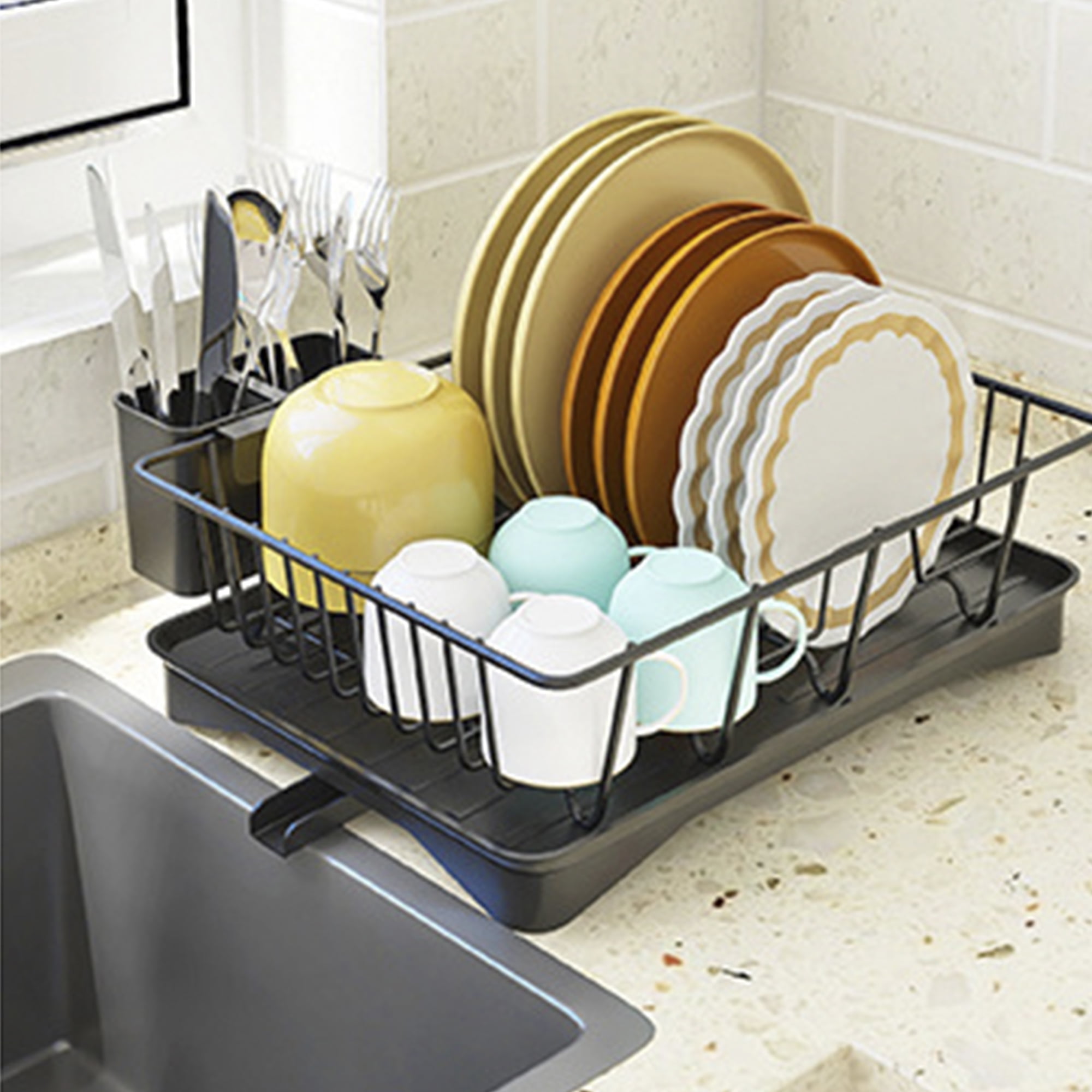 HUFTGOLD Kitchen Counter Dish Drying Rack with Detachable Cutlery Holder, Compact Kitchen Sink Organizer for Plates, Bowls & Cups, Black
