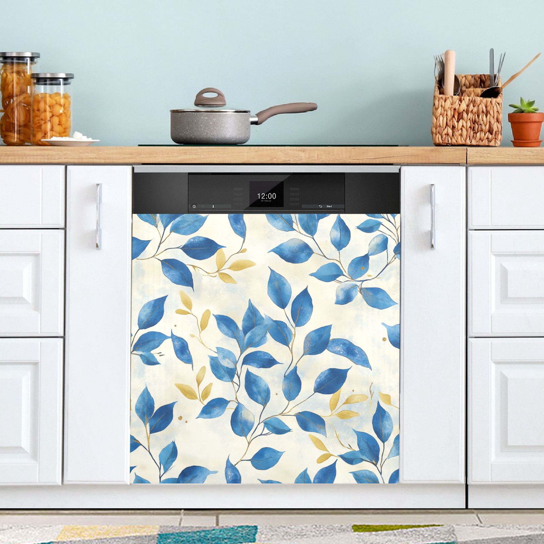 Dishwasher Magnetic Sticker 23x26 Inch Refrigerator Magnetic Sticker Washing Machine Magnetic Sticker Kitchen Panel Magnetic Sticker Home Decor Beautiful Pretty Blue Leaves