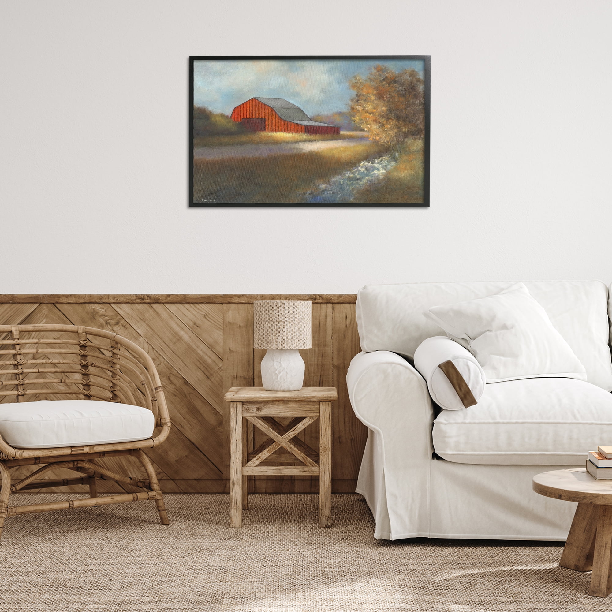 Stupell Industries Traditional Red Barn Landscape Painting Black Framed Art Print Wall Art, 30 x 20