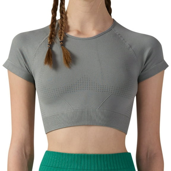 Daznico Women's Seamless Workout Crop Tee, Round Neck Breathable Top for Yoga & Gym,S
