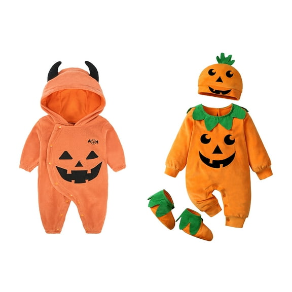 Bellafa Infant Baby Boy Girl Pumpkin Bodysuit Fleece Cosplay Halloween Romper Tops Hat Footies Socks Outfit My First Halloween Jumpsuit-1pcs