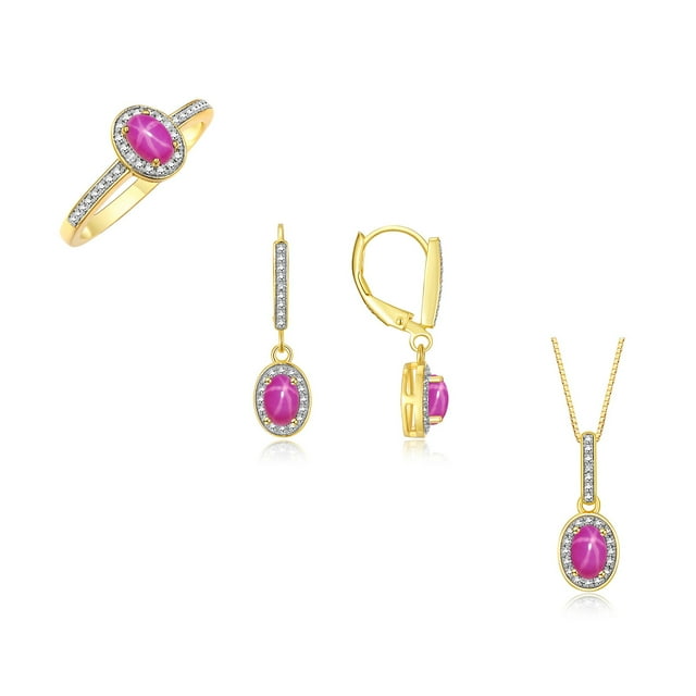 RYLOS Yellow Gold Plated Silver Halo Designer Jewelry Ring, Earring & Pendant Necklace Gemstone & Diamonds 6X4MM Star Ruby July Birthstone; Size 7