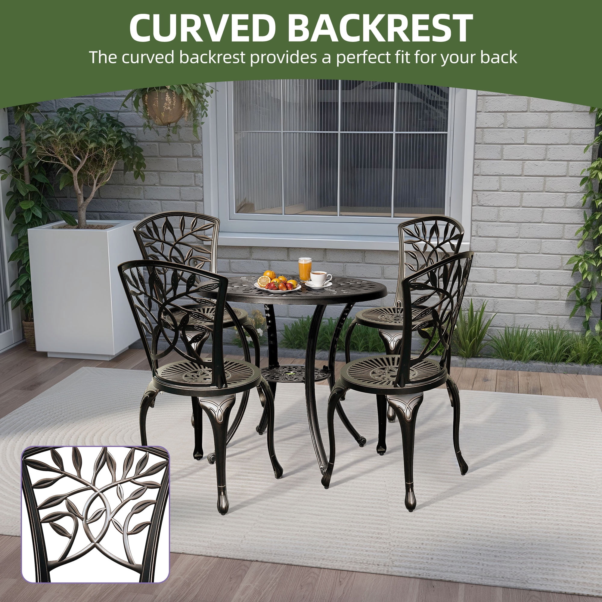 Uforic 5 Piece Outdoor Patio Furniture Patio Dining Sets, Cast Aluminum Patio Bistro Set of 4 Chairs, 30.7 Inches Round Table with Umbrella Hole