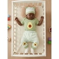 thumbnail image 5 of BemeyourBBs 3Pcs Newborn Baby Boy Girl Avocado Outfit Infant Summer Clothes Short Sleeve Avocado Embroidery Romper Elastic Waist Striped Pants Set Hat, 5 of 8