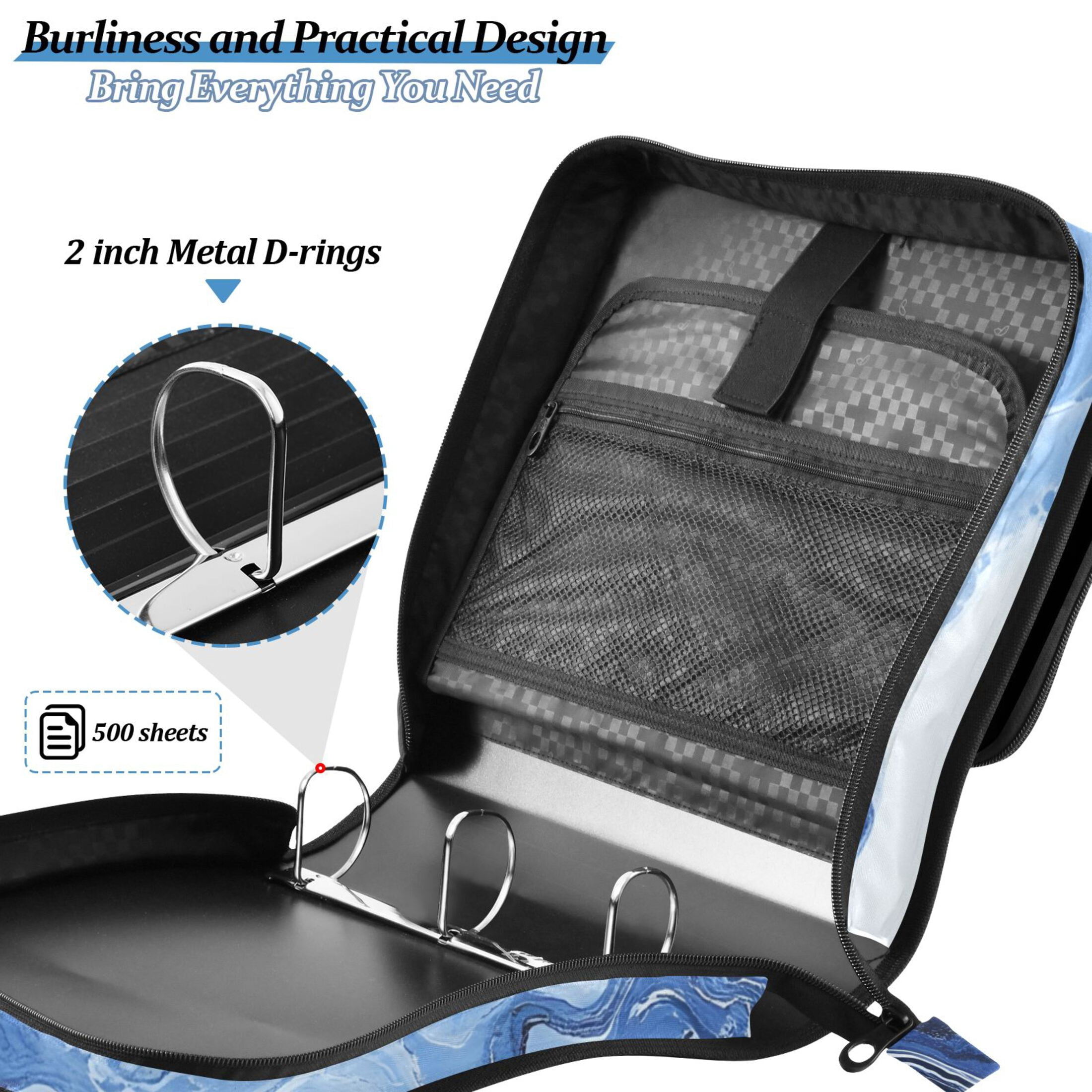3 Ring Zipper Binder with Shoulder Strap Waterproof Trapper Keeper 2 Inch D-Ring 500 Sheets Capacity Blue Black White Marble