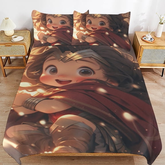 Wonder Woman Kids 3 Piece Bedding Set, Super Soft Printed Comforter Cover Sets with 1 Duvet Cover and 2 Pillowcase, Bedroom Decor Gifts for Boys Girls Teens Adult 86"x70"