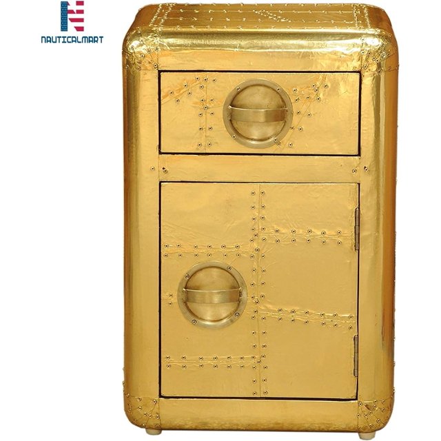 Nauticalmart Aviator Side Table with Door and Drawer Handmade Aviation Accent Chest Gold