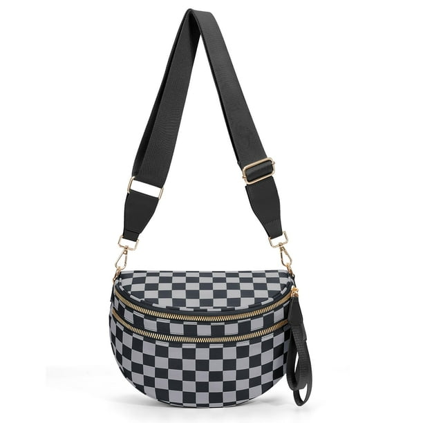 Bolso Riñonera Cruzado de Nylon a Cuadros para Mujer A06 Negro y Gris