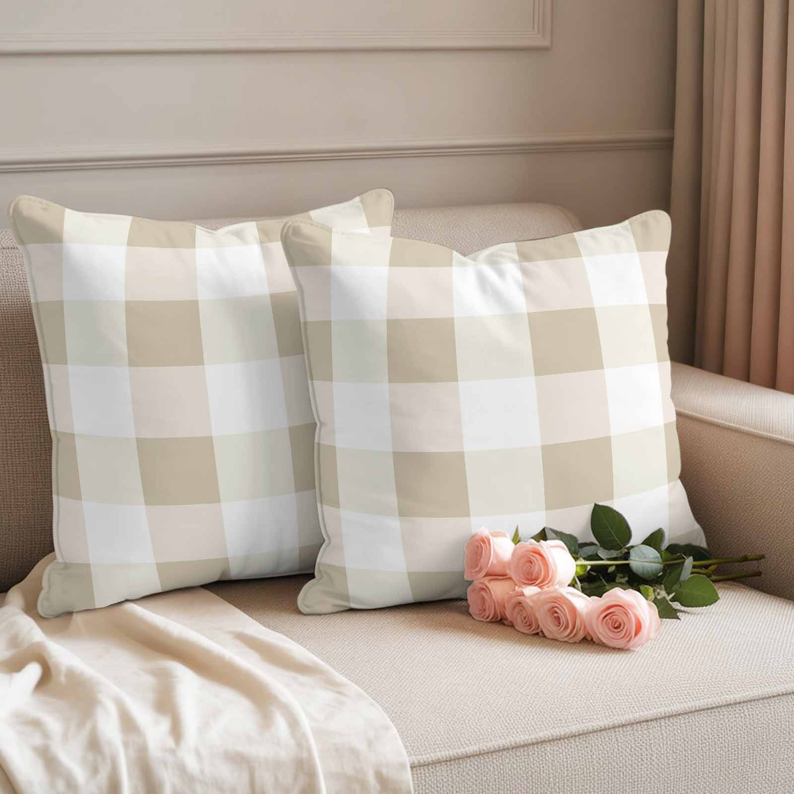 Pack of 2 Outdoor Pillow Covers,Waterproof Beige Plaid Throw Pillow Covers,Spring Summer Farmhouse Buffalo Checkered Decorative Pillowcases Cushion Covers for Couch Pillow Sham Protector 26x26 Inch