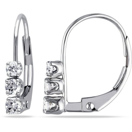 Miabella Diamond-Accent 14kt White Gold Three-Stone Leverback Earrings
