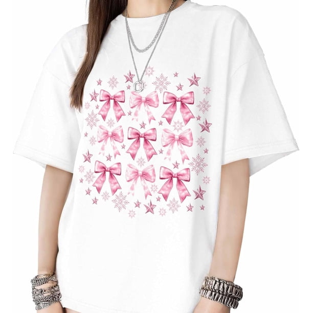 T Shirts for Womens Christmas Pink Bowknot Short Sleeve Graphic Tees Loose Fit T-Shirt Cotton Casual Tops
