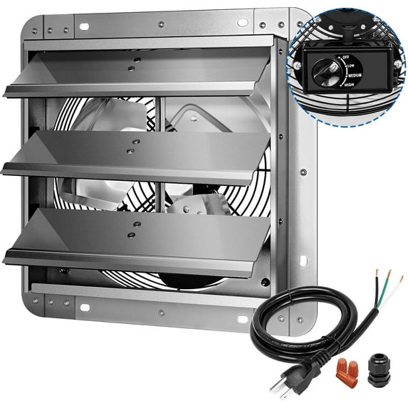 iPower HIFANXEXHAUST12CT 3-Speed 12 Inch Shutter Variable Exhaust Fan Aluminum, 1620RPM, 940CFM, with Build Controller, Silver, 1-Pack