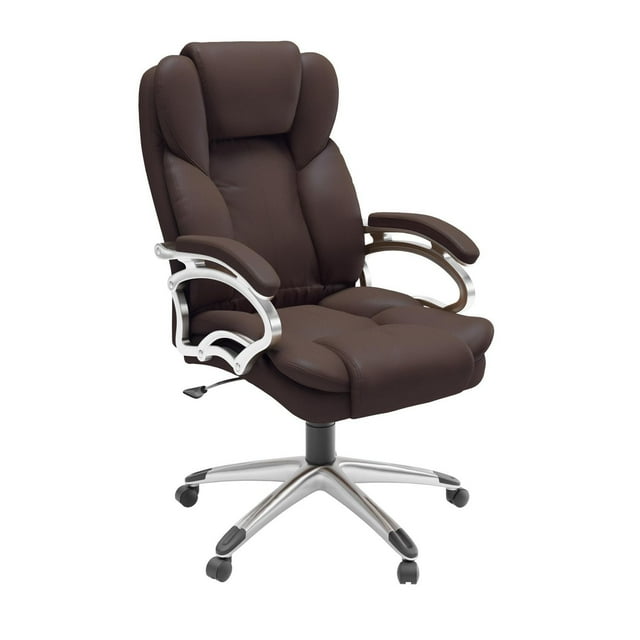CorLiving Leon brown faux leather executive office chair with lumbar support, adjustable height, tilting feature, padded armrests, and silver metal base with caster wheels.