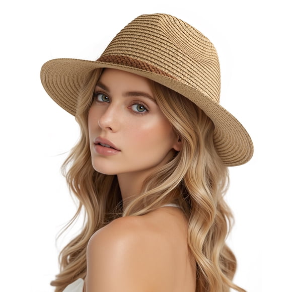 Gorro de playa DOFOWORK Sun Straw Fedora para mujer, color caqui
