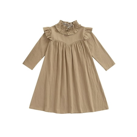 

Calsunbaby Kids Girls Casual Dress Solid Color Long Fly Sleeves Ruffled Neck Dress Princess Dress for Fall Khaki 2 Years