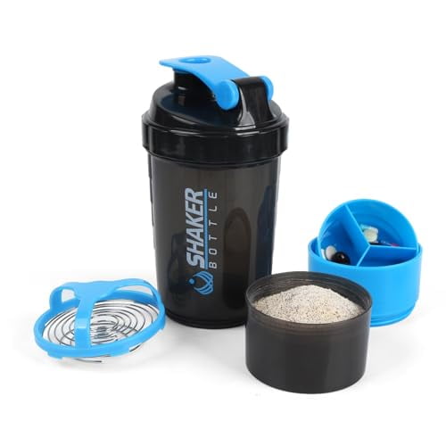 XTKS Botella Coctelera - Taza Coctelera de Proteínas con Compartimentos de Almacenamiento - Botellas de Batido de Entrenamiento a Prueba de Fugas con Mezclador para una Mezcla Suave - 500ML/16oz (AZUL