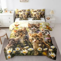 Erosebridal Cute Cat Kitten Print Bedding Sets Queen Size, Pet Lovers Comforter Sets with Sheets, Daisy Blossoms Home Decor, Reversible 7 Pieces
