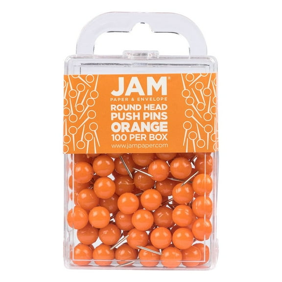 JAM Paper Push Pins, Round Head Map Tacks, 1 inch, Orange, 100/Pack