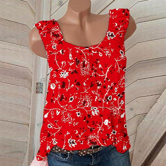 Brilliant Womens Sleeveless Tops Sale Women Casual CrewNeck Print Blouse Pullover Tank Tops Shirt (Red,S)