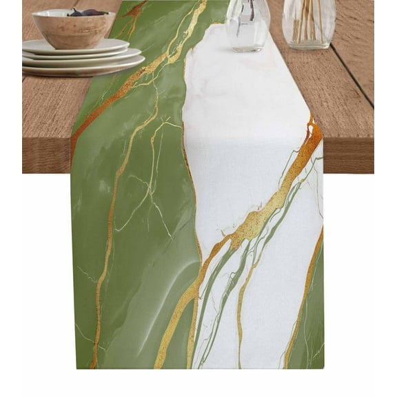 Table Runner Dresser Scarves 70 Inch Long,Sage Green White Marble Stone Linen Dining Table Runners Gold Stripe Crack Texture Tabletop Scarf for Wedding Holiday Party Kitchen