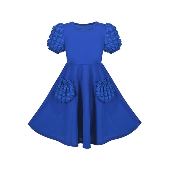 Vestido de Niña Azul Profundo Color Sólido con Volantes Manga Abullonada Bolsillo 3D Fiesta 7 Años