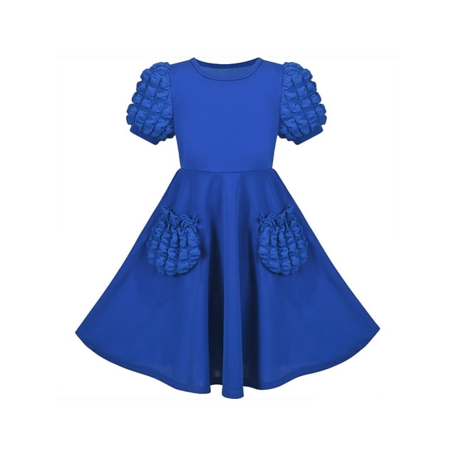 Vestido de Niña Azul Profundo Color Sólido con Volantes Manga Abullonada Bolsillo 3D Fiesta 7 Años