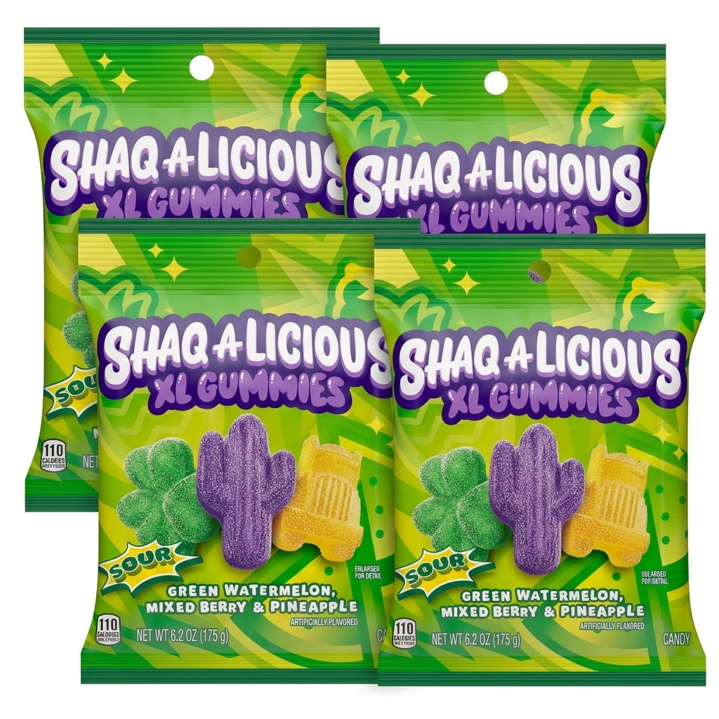 4 Pack Shaq-a-Licious Sour XL Gummies 6.2oz Each, Watermelon Berry Pineapple Candy