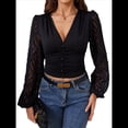 thumbnail image 1 of Tops de Encaje con Escote en V Profundo para Mujer, Elegantes, de Larga, Tipo Farol, Cortos, Ajustados, para Salir en Negro L, 1 of 9