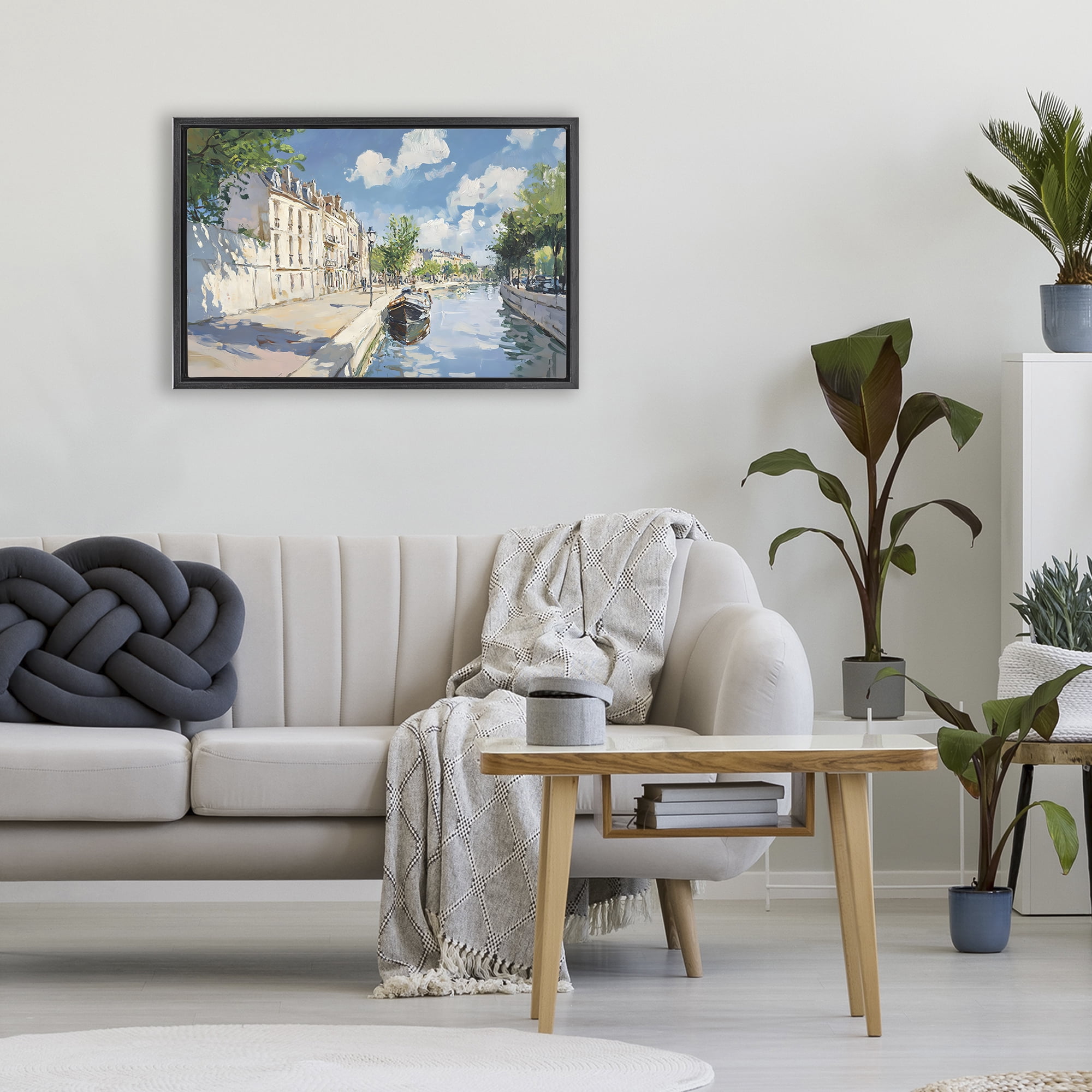 Stupell Industries Boat in Canal Summer Reflection Black Framed Floater Canvas Wall Art, design by Creative Studio