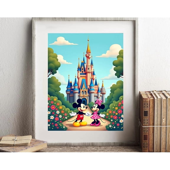 Mickey And Minnie Disney Castle Art Print,, Unframed Paper Poster 8x10in