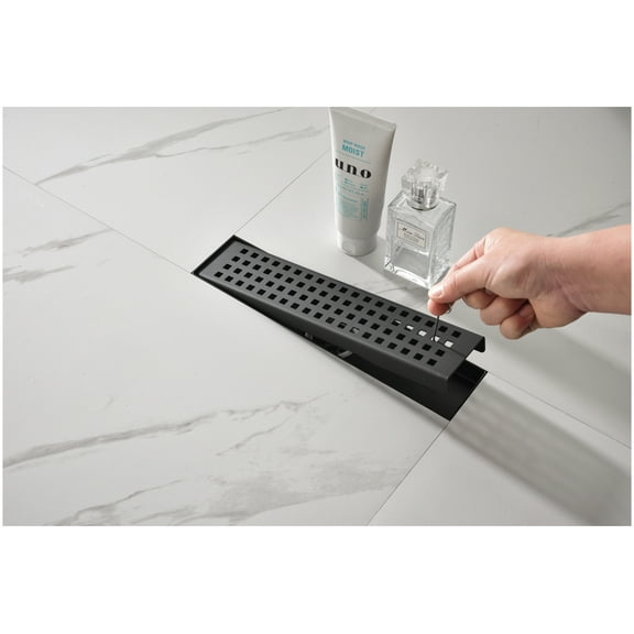 12 Inch Linear Shower Drain, 304 Stainless Steel Shower Drain with Hair Strainer & Leveling Feet, Quadrato Pattern Grate, Recessed Design for Bathroom Remodel Matte Black   Stainless Steel