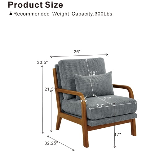 Wooden Lounge Chair with Solid Wood Armrests, Mid-Century Modern Single Sofa for Living Room, Bedroom, Balcony, Office, Light Gray