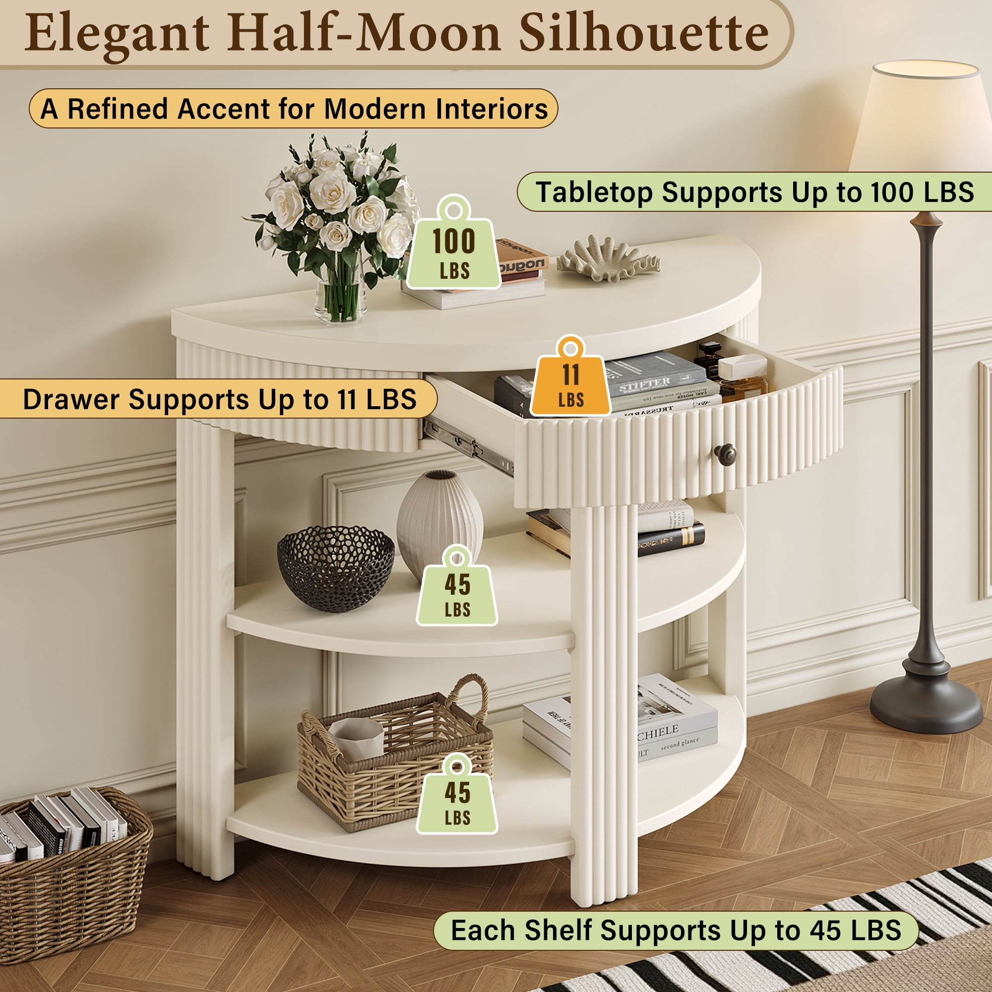 Euroco Fluted Half Moon Console Table with 1-Drawer, 3 Tier Entryway Table with Open Storage Shelves for Living Room, Hallway, Foyer,Cream
