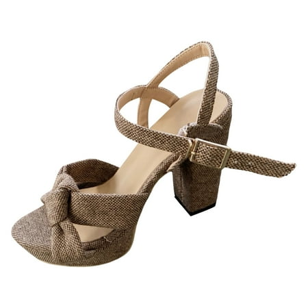 

Gzea Work Sandals For Women Office Large Size Strap Open Toe High Heel Sandals Women s Thick Heel Buckle Table Fabric Fashion Shoes Summer Sandals Brown 38